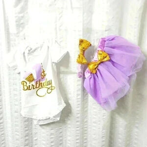 First B-day onsie ,tulle Skirt, head bow, 3 pcs Lavender
